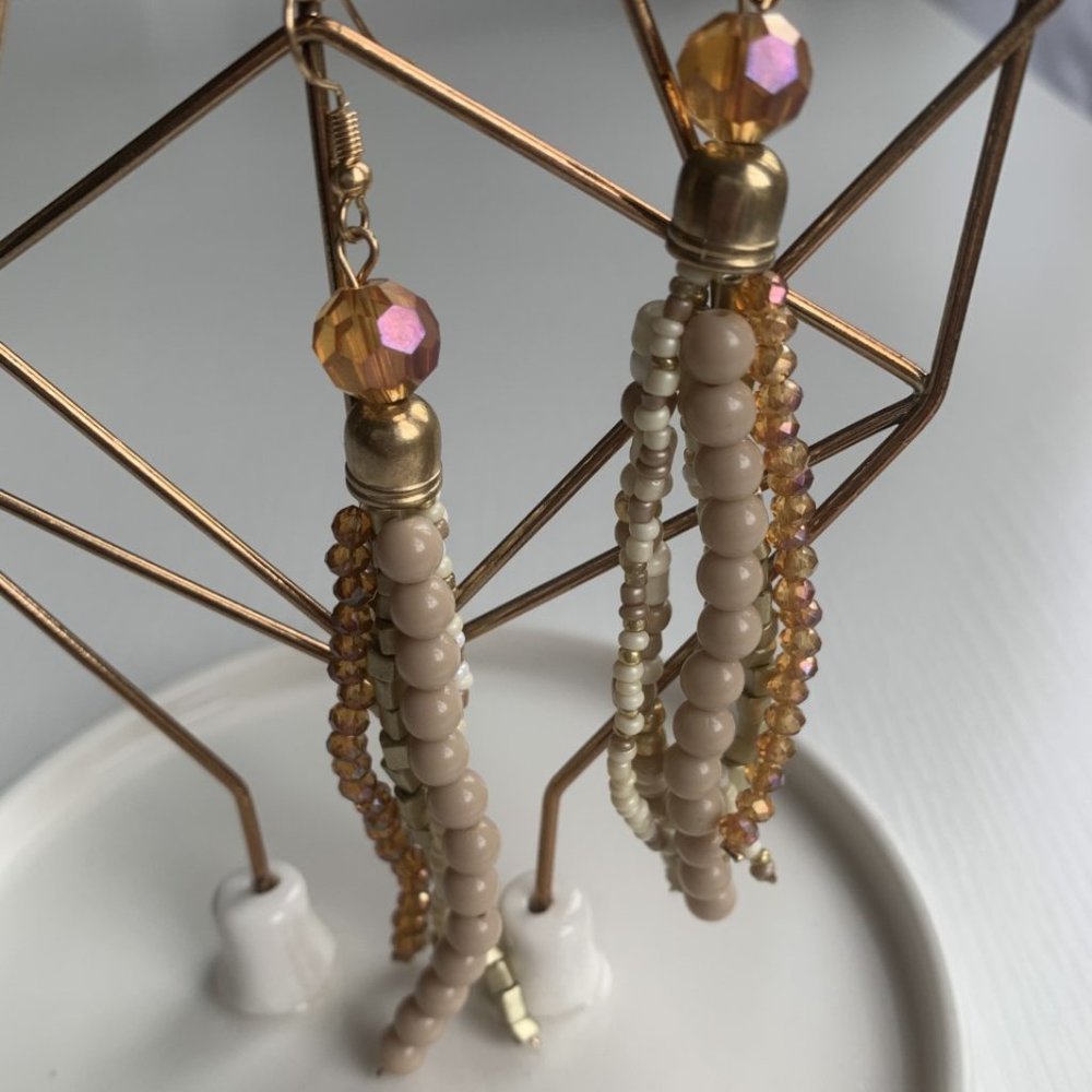 Tan Beaded Tassel Earring